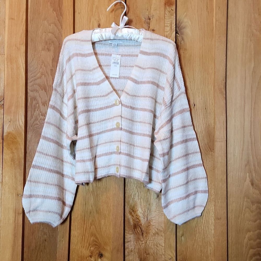 American Eagle Oversized Cropped Bell Sleeve Cardigan Medium, White Pink Stripes